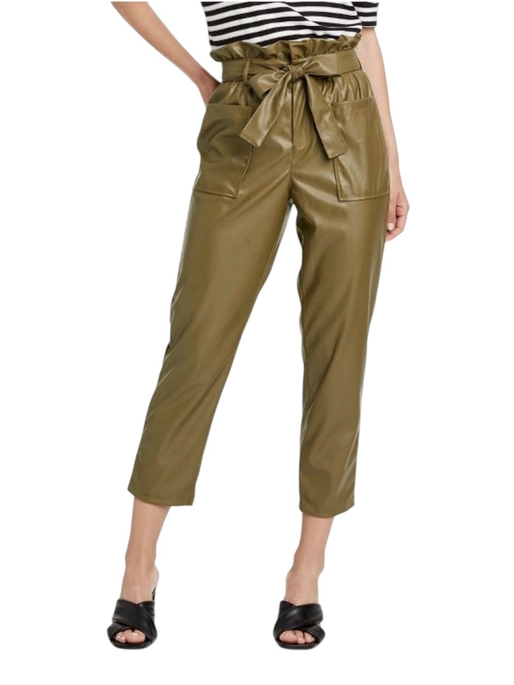 Who What Wear Olive Green Faux Leather Paperbag Waist Ankle Trousers Size 8